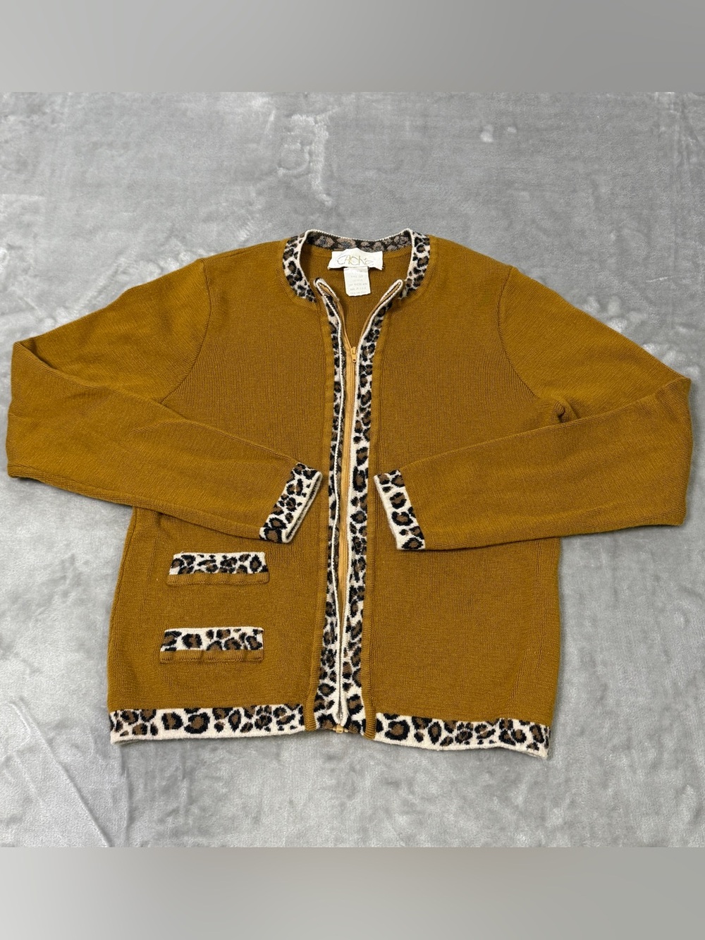 Vintage Cache Cardigan Cheetah Print Mustard Yellow Full Zip Women's Medium